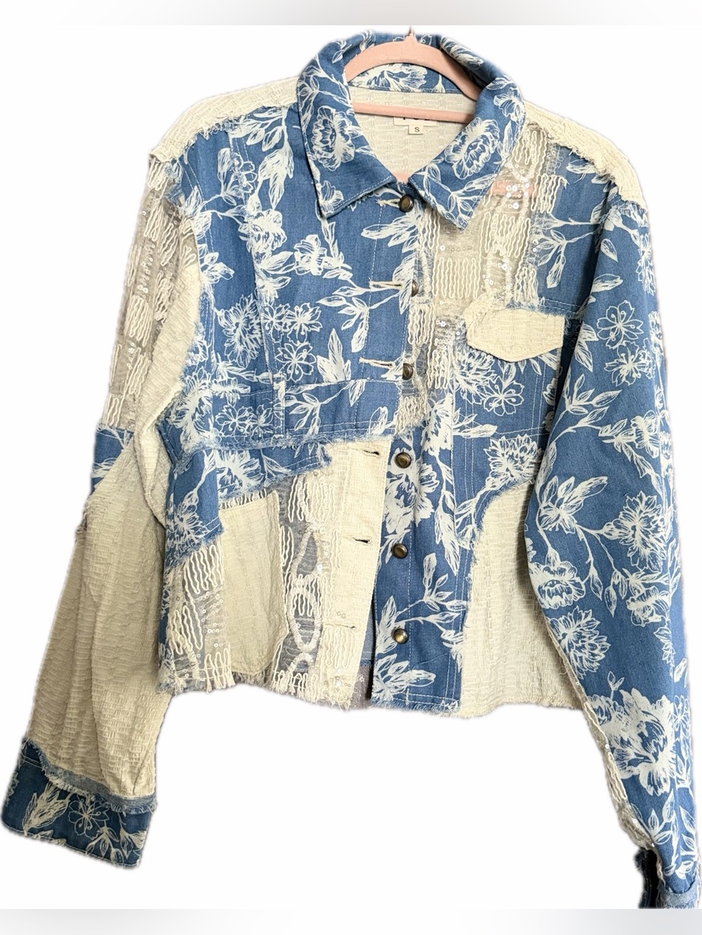 POL Patchwork Floral Jean Jacket - Blue & Cream